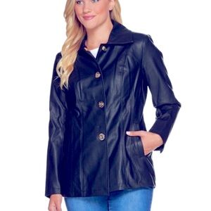 DENNIS BASSO Faux Leather Vintage Navy Blue Gold Turn Key Button Jacket  NWOT